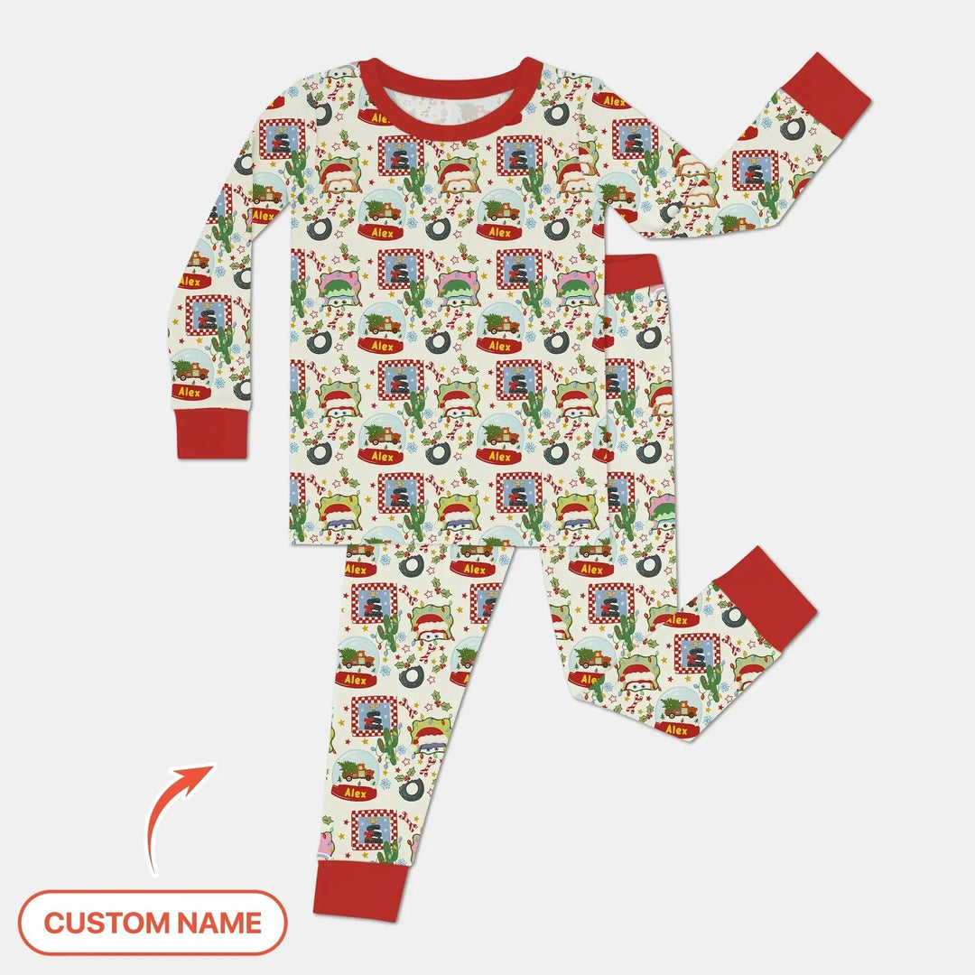 Custom Name Funny Christmas Cars Two Piece Long Sleeve Pajama Set , Custom Name Funny Christmas Cars Two Piece Long Sleeve Pajama Set - 12-18M