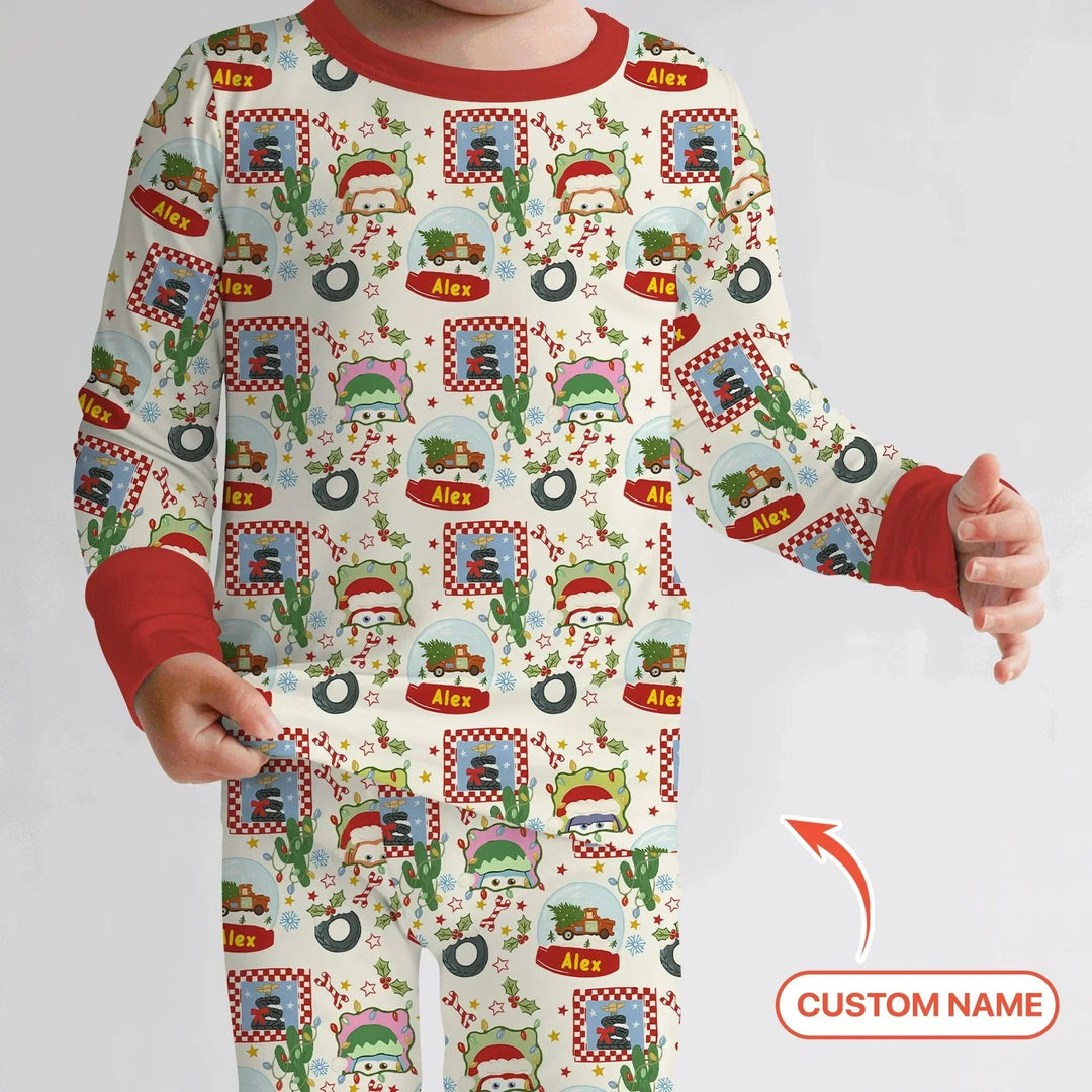 Custom Name Funny Christmas Cars Two Piece Long Sleeve Pajama Set , Custom Name Funny Christmas Cars Two Piece Long Sleeve Pajama Set - 12-18M