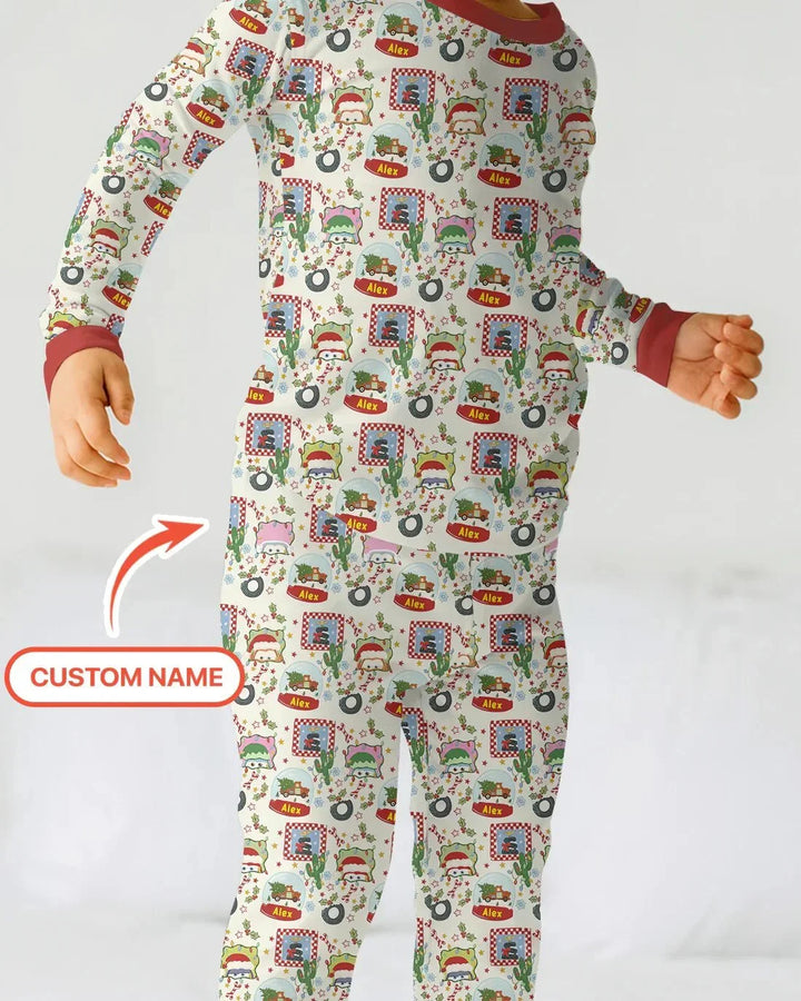 Custom Name Funny Christmas Cars Two Piece Long Sleeve Pajama Set , Custom Name Funny Christmas Cars Two Piece Long Sleeve Pajama Set - 12-18M