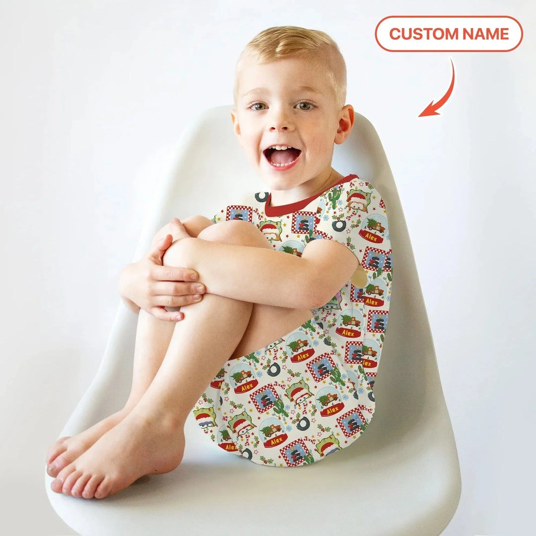 Custom Name Funny Christmas Cars Two Piece Short Sleeve Shorts Pajama Set , Custom Name Funny Christmas Cars Two Piece Short Sleeve Shorts Pajama Set - 12-18M