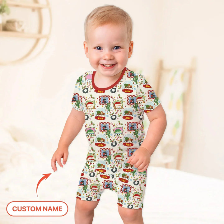 Custom Name Funny Christmas Cars Two Piece Short Sleeve Shorts Pajama Set , Custom Name Funny Christmas Cars Two Piece Short Sleeve Shorts Pajama Set - 12-18M