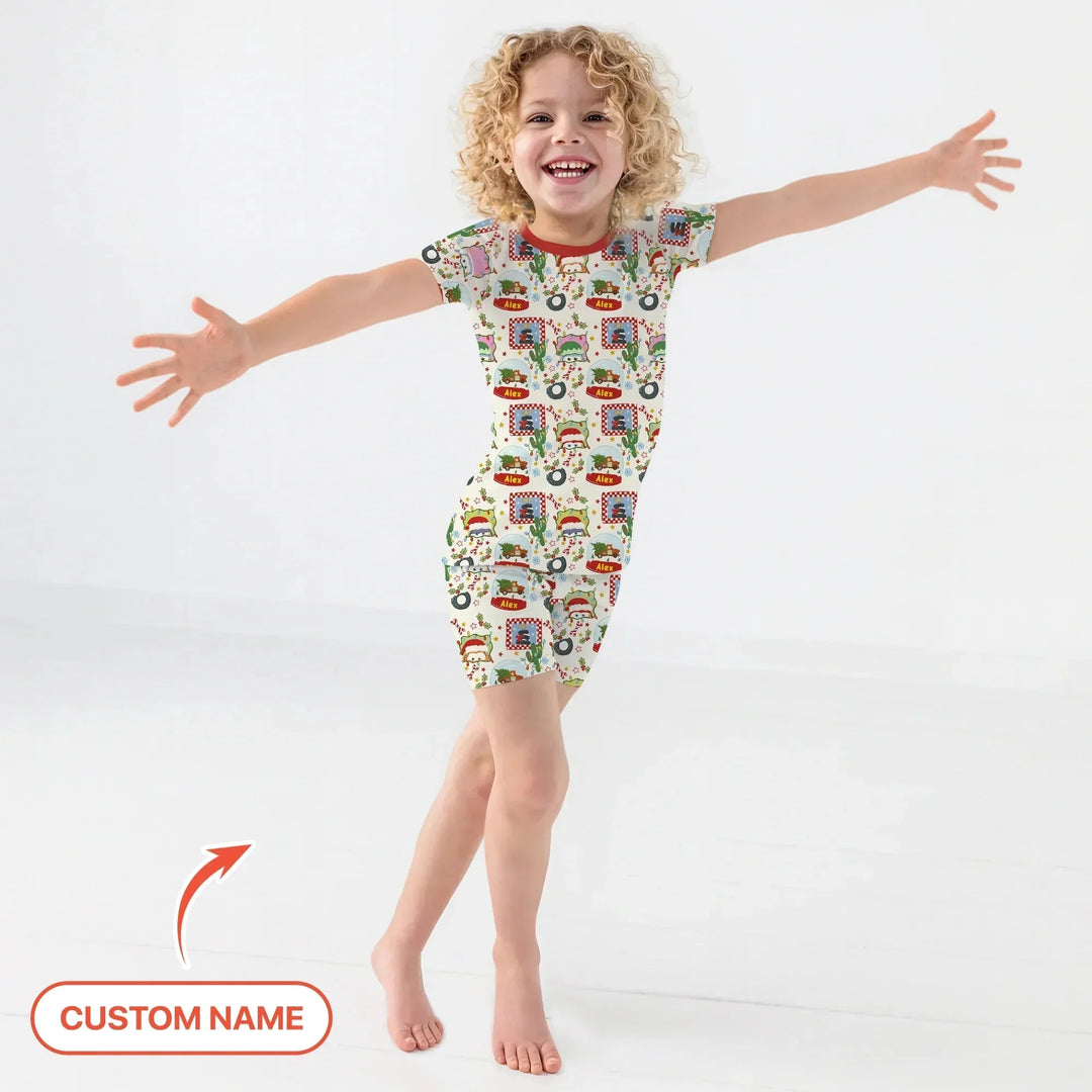 Custom Name Funny Christmas Cars Two Piece Short Sleeve Shorts Pajama Set , Custom Name Funny Christmas Cars Two Piece Short Sleeve Shorts Pajama Set - 12-18M