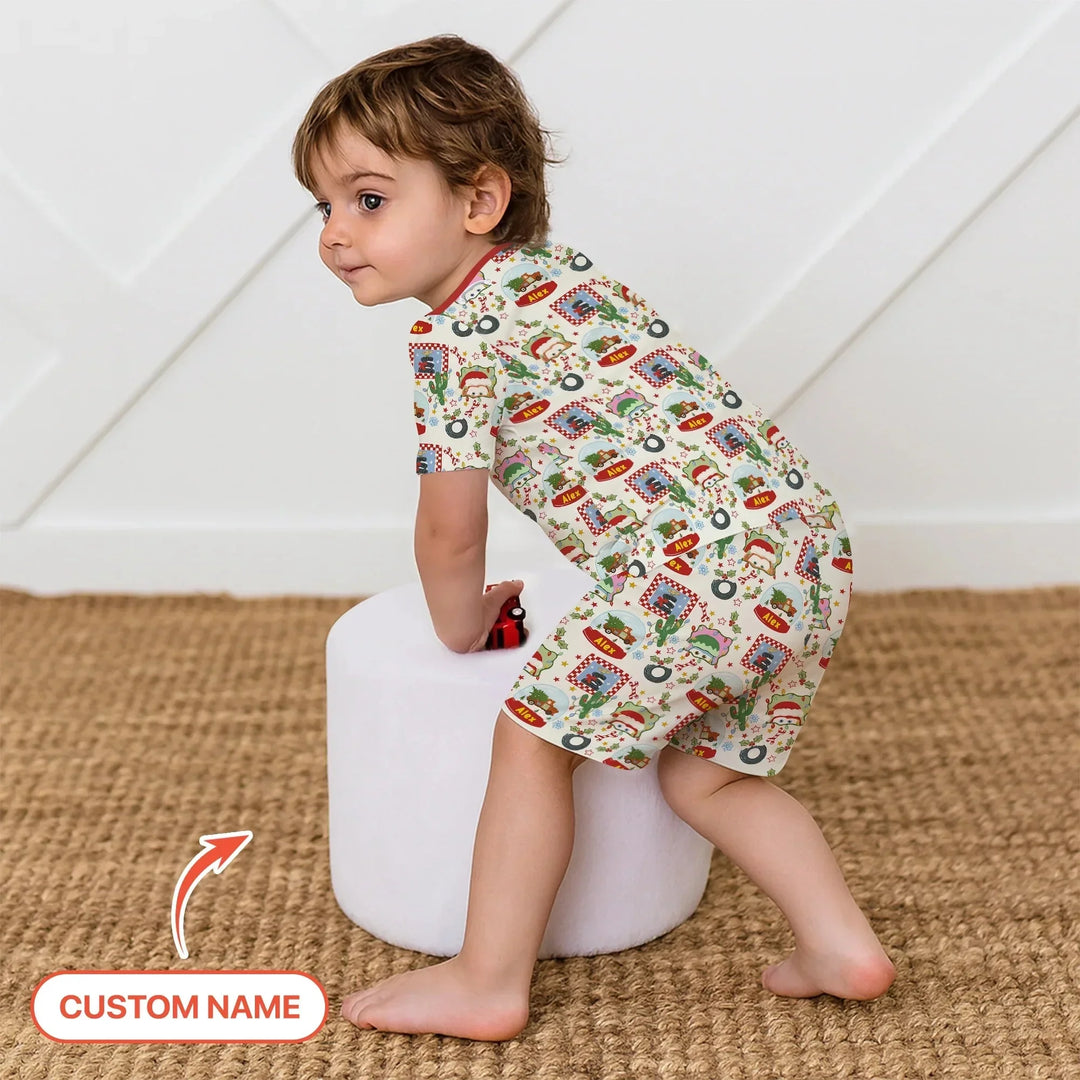 Custom Name Funny Christmas Cars Two Piece Short Sleeve Shorts Pajama Set , Custom Name Funny Christmas Cars Two Piece Short Sleeve Shorts Pajama Set - 12-18M