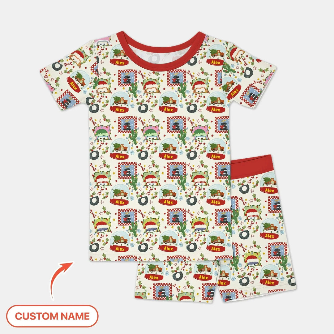 Custom Name Funny Christmas Cars Two Piece Short Sleeve Shorts Pajama Set , Custom Name Funny Christmas Cars Two Piece Short Sleeve Shorts Pajama Set - 12-18M