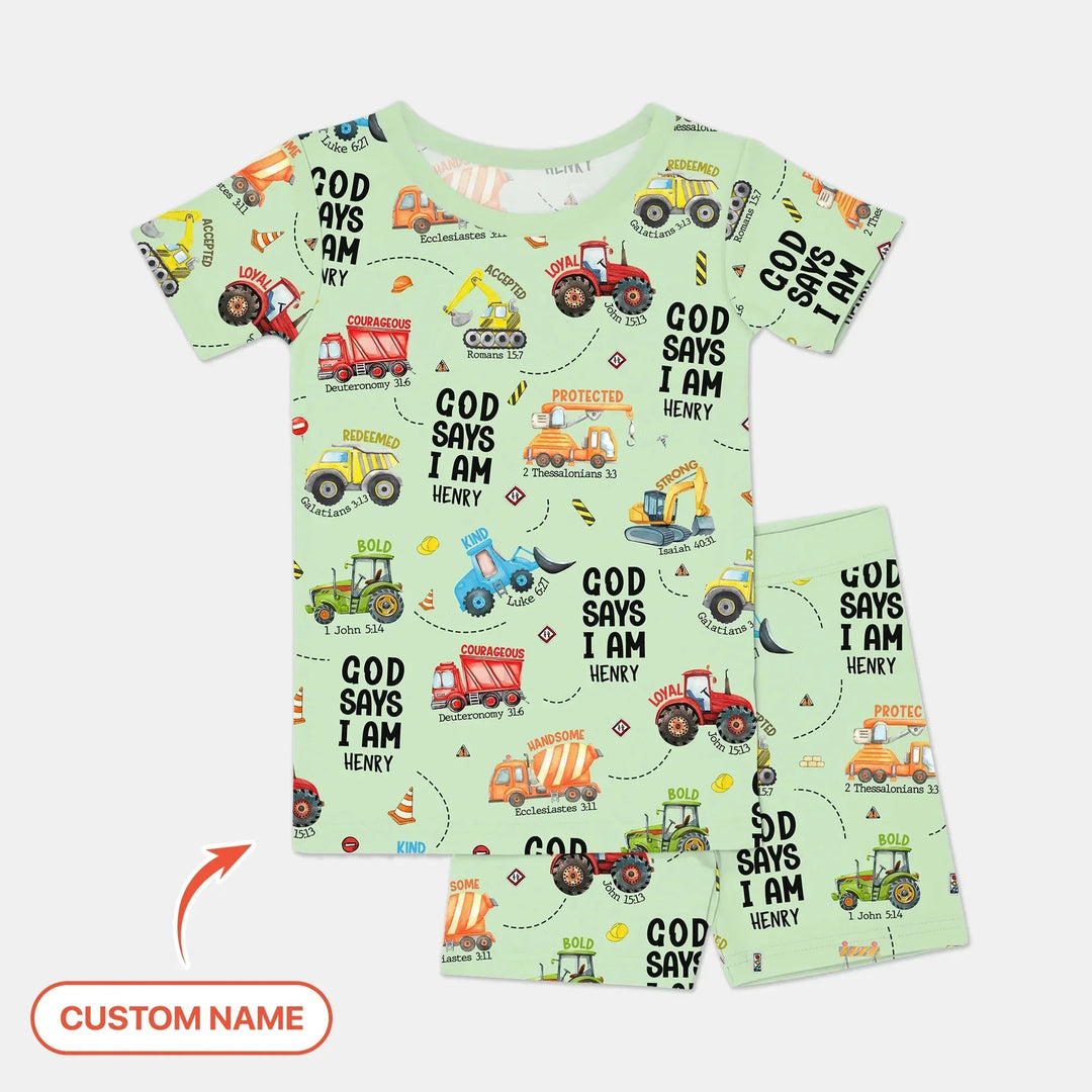 Custom Name God Says I Am Boy Two Piece Short Sleeve Shorts Pajama Set , Custom Name God Says I Am Boy Two Piece Short Sleeve Shorts Pajama Set - 12-18M