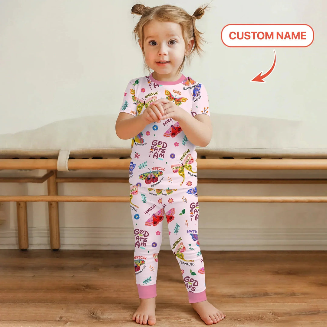 Custom Name God says I am Butterfly Two Piece Short Sleeve Pajama Set , Custom Name God says I am Butterfly Two Piece Short Sleeve Pajama Set - 12-18M