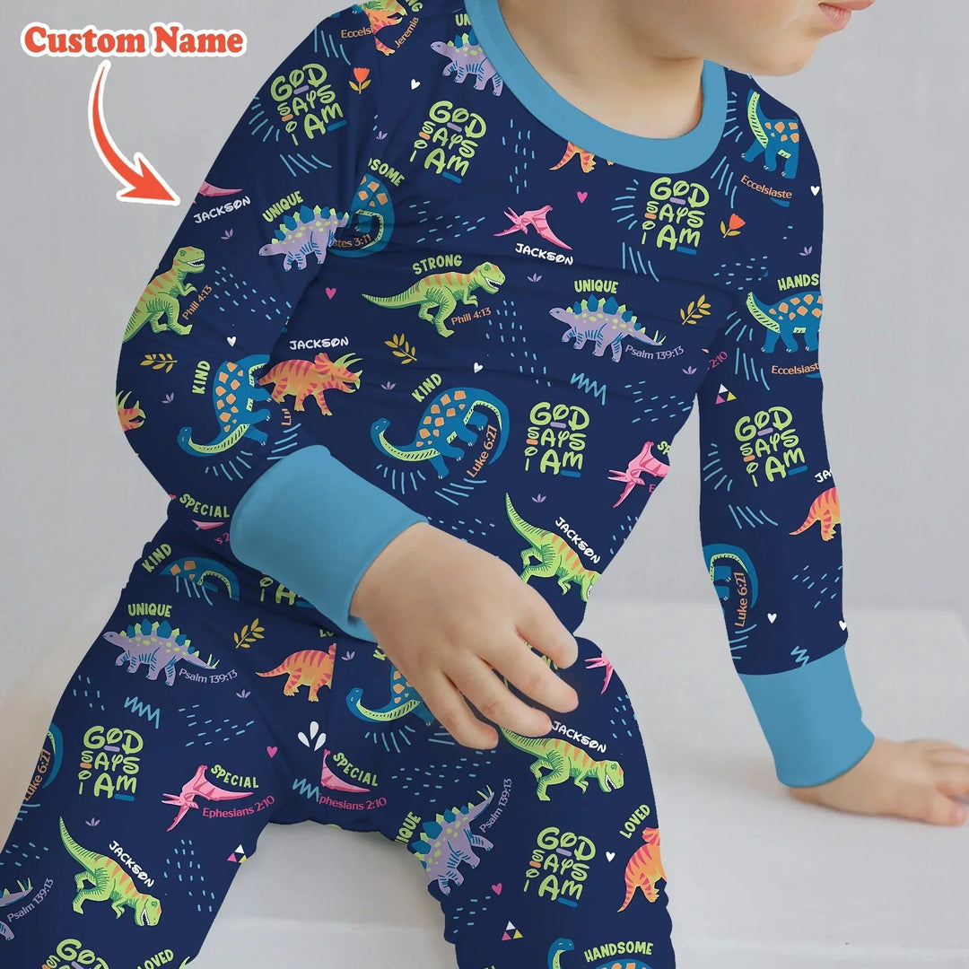 Custom Name God says I am Dinosaur Two Piece Long Sleeve Pajama Set , Custom Name God says I am Dinosaur Two Piece Long Sleeve Pajama Set - 12-18M