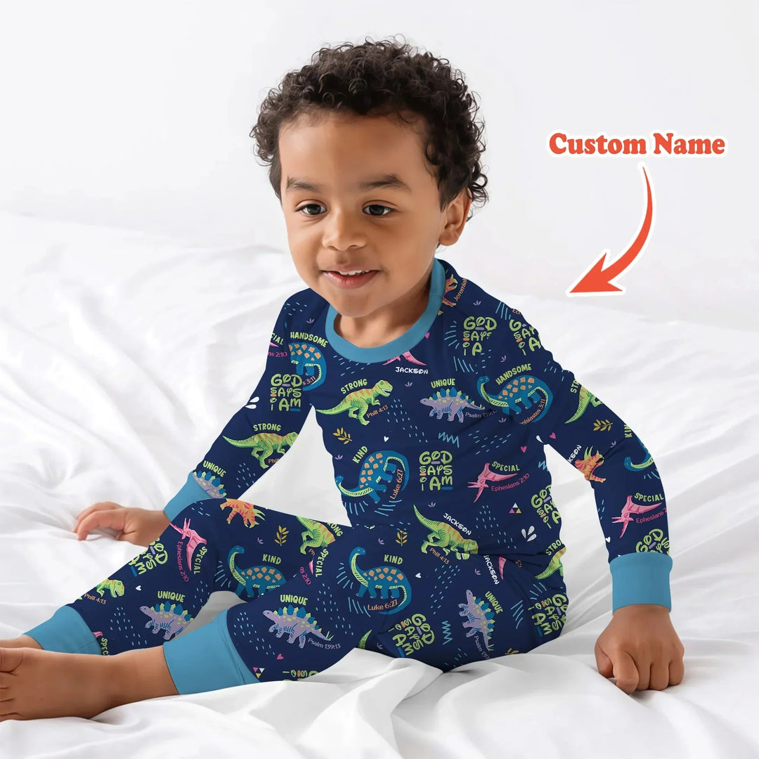 Custom Name God says I am Dinosaur Two Piece Long Sleeve Pajama Set , Custom Name God says I am Dinosaur Two Piece Long Sleeve Pajama Set - 12-18M