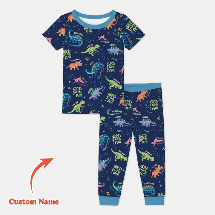 Custom Name God says I am Dinosaur Two Piece Short Sleeve Pajama Set , Custom Name God says I am Dinosaur Two Piece Short Sleeve Pajama Set - 12-18M