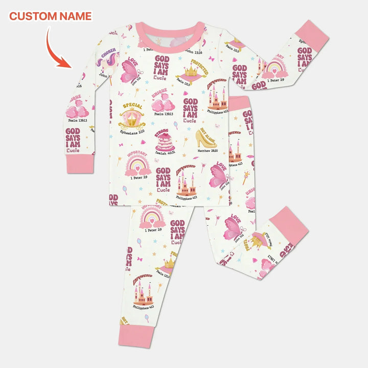 Custom Name God Says I Am Girl Long Sleeve Pajama Set , Custom Name God Says I Am Girl Long Sleeve Pajama Set - 12-18M
