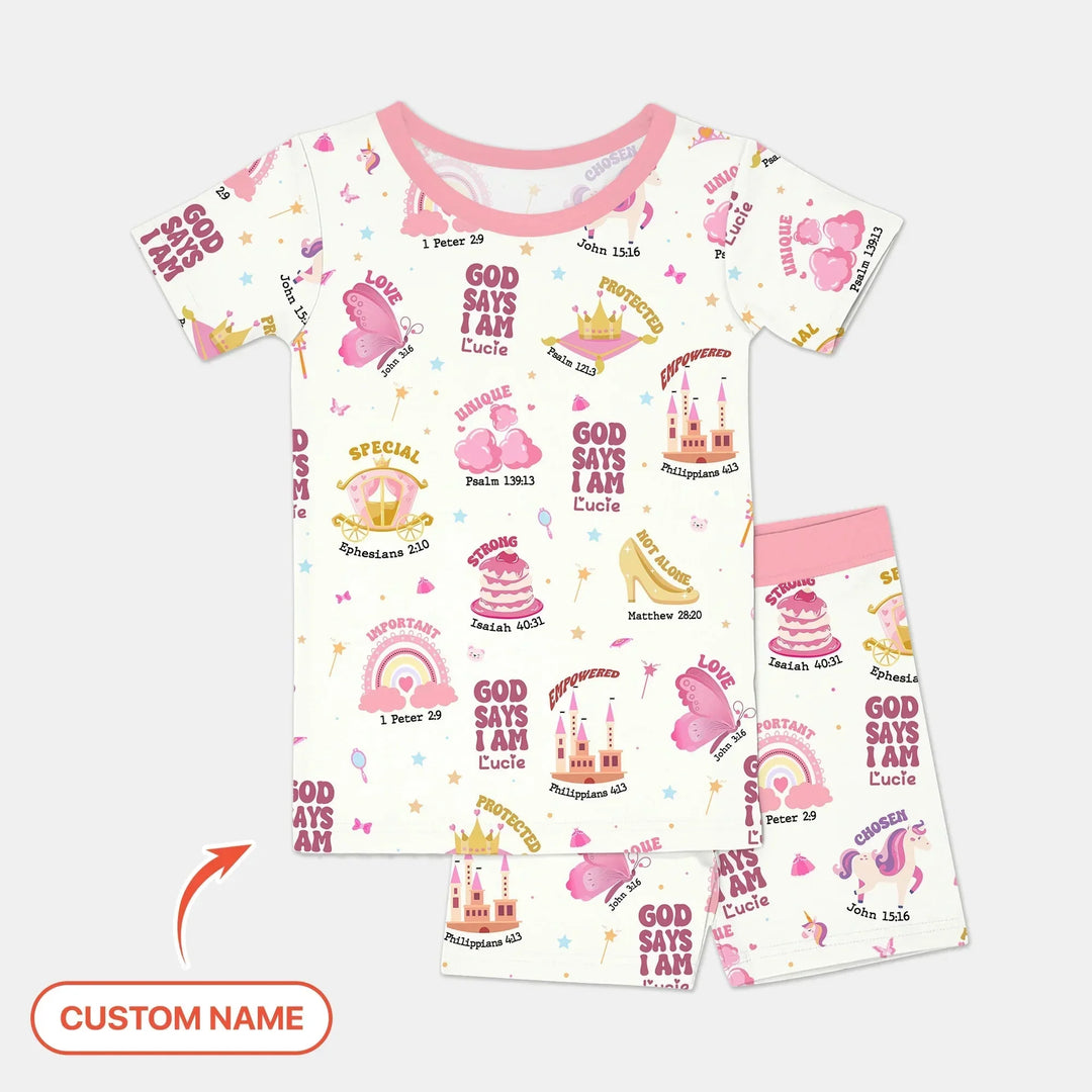 Custom Name God Says I Am Girl Short Sleeve Shorts Pajama Set , Custom Name God Says I Am Girl Short Sleeve Shorts Pajama Set - 12-18M