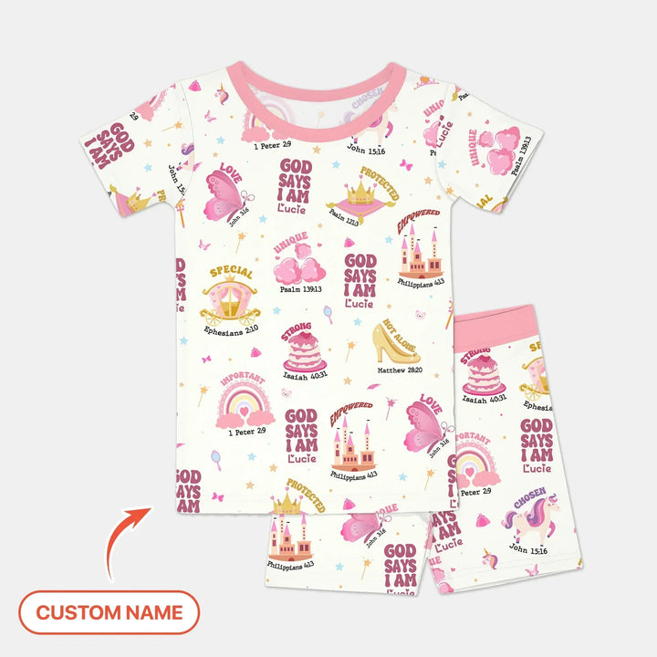 Custom Name God Says I Am Girl Short Sleeve Shorts Pajama Set , Custom Name God Says I Am Girl Short Sleeve Shorts Pajama Set - 12-18M