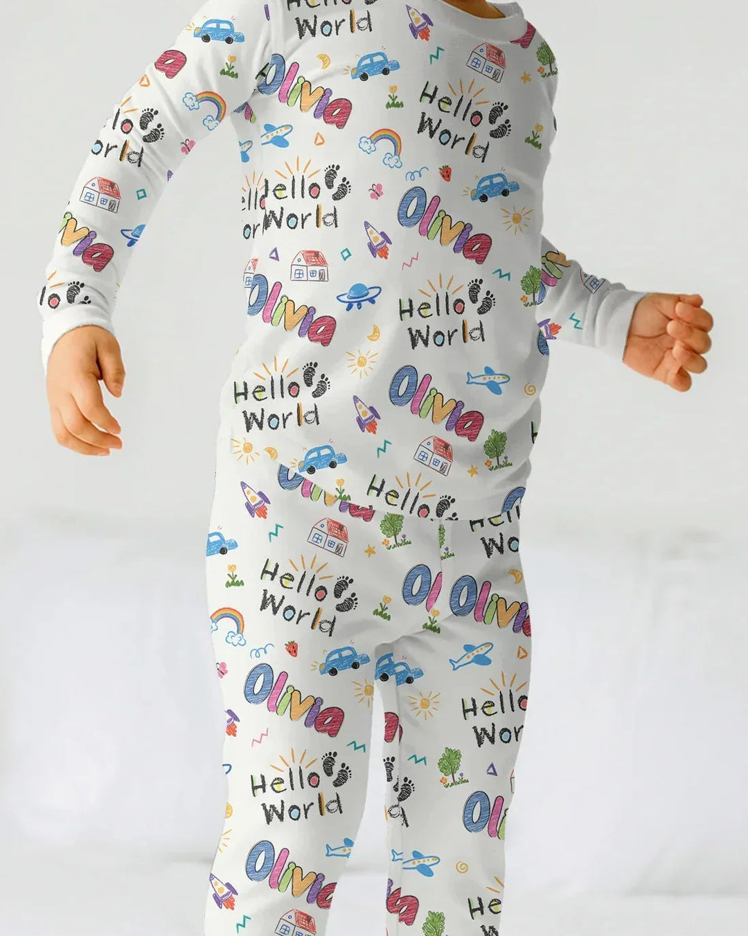 Custom name "Hello World" - Crayon Style Long Sleeve Pajama Set , Custom name "Hello World" - Crayon Style Long Sleeve Pajama Set - 12-18M
