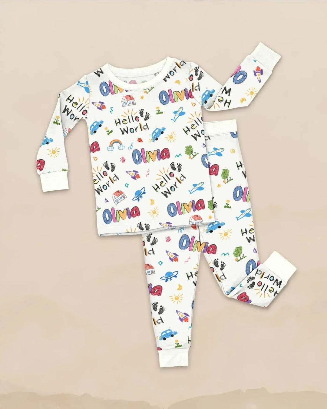 Custom name "Hello World" - Crayon Style Long Sleeve Pajama Set , Custom name "Hello World" - Crayon Style Long Sleeve Pajama Set - 12-18M