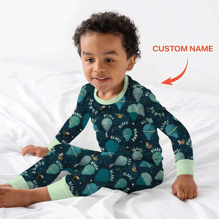 Custom Name Hot Air Balloon Green Two Piece Long Sleeve Pajama Set , Custom Name Hot Air Balloon Green Two Piece Long Sleeve Pajama Set - 12-18M