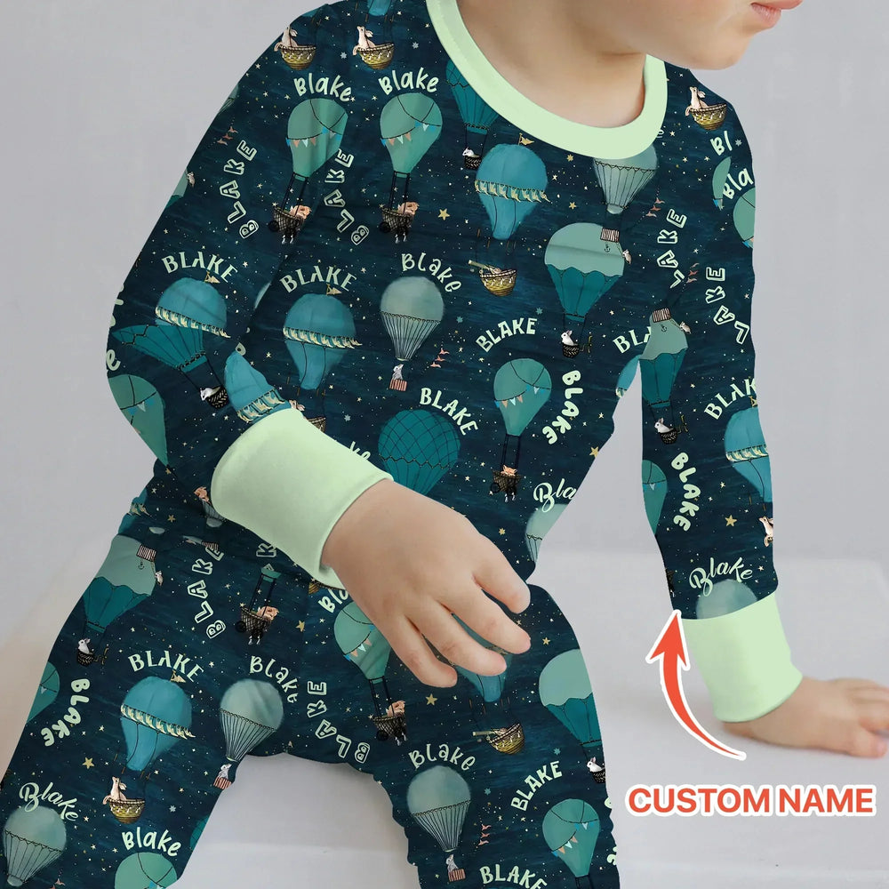 Custom Name Hot Air Balloon Green Two Piece Long Sleeve Pajama Set , Custom Name Hot Air Balloon Green Two Piece Long Sleeve Pajama Set - 12-18M