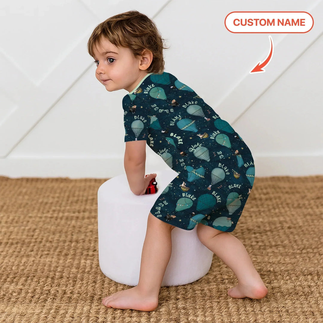 Custom Name Hot Air Balloon Green Two Piece Short Sleeve Shorts Pajama Set , Custom Name Hot Air Balloon Green Two Piece Short Sleeve Shorts Pajama Set - 12-18M