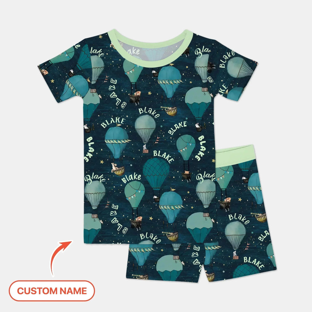 Custom Name Hot Air Balloon Green Two Piece Short Sleeve Shorts Pajama Set , Custom Name Hot Air Balloon Green Two Piece Short Sleeve Shorts Pajama Set - 12-18M