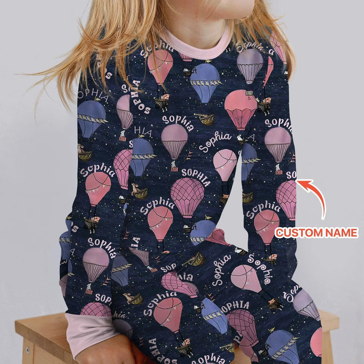 Custom Name Hot Air Balloon Pink Two Piece Long Sleeve Pajama Set , Custom Name Hot Air Balloon Pink Two Piece Long Sleeve Pajama Set - 12-18M