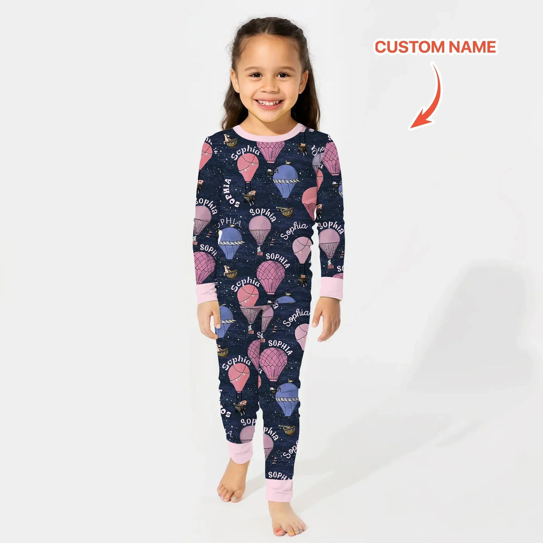 Custom Name Hot Air Balloon Pink Two Piece Long Sleeve Pajama Set , Custom Name Hot Air Balloon Pink Two Piece Long Sleeve Pajama Set - 12-18M