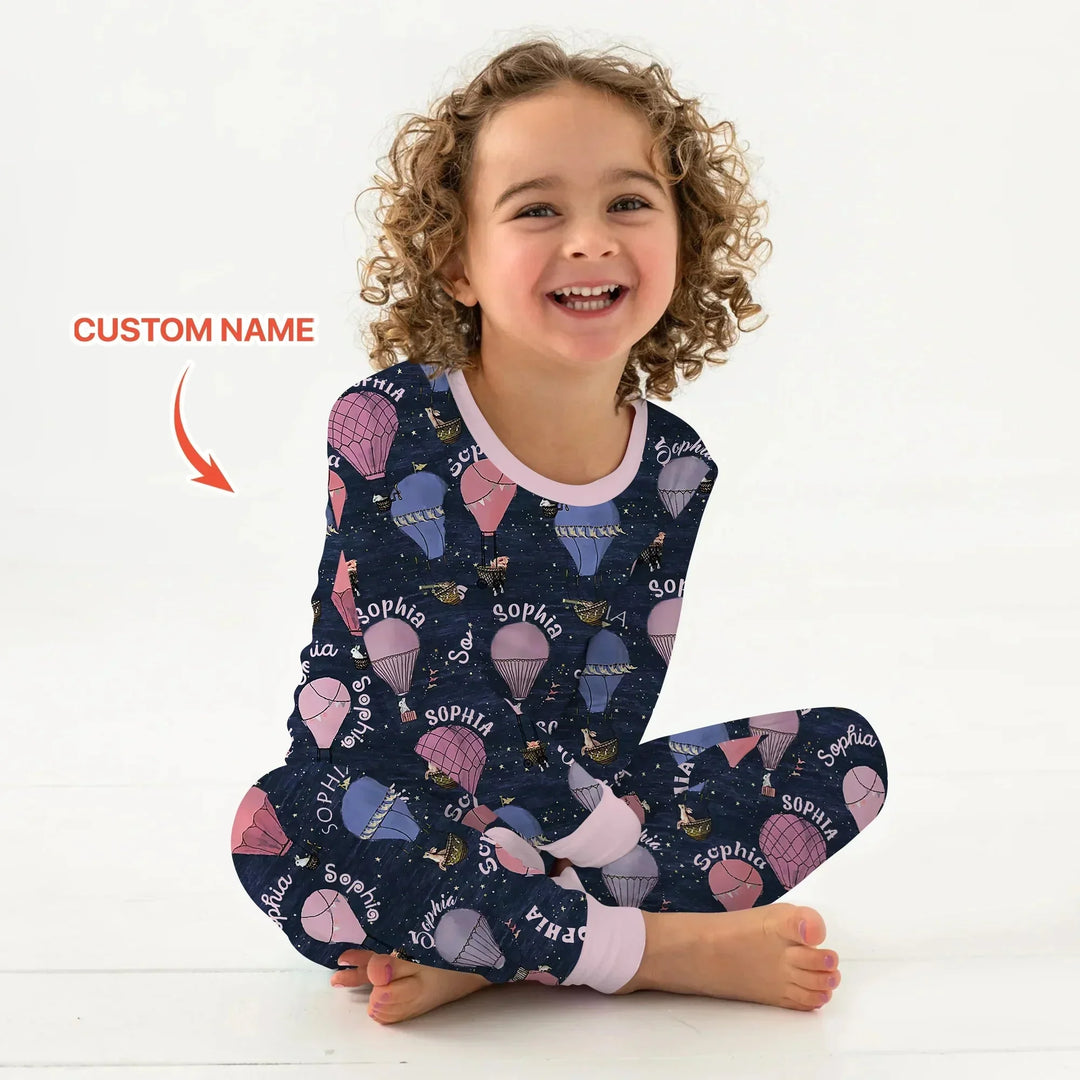 Custom Name Hot Air Balloon Pink Two Piece Long Sleeve Pajama Set , Custom Name Hot Air Balloon Pink Two Piece Long Sleeve Pajama Set - 12-18M