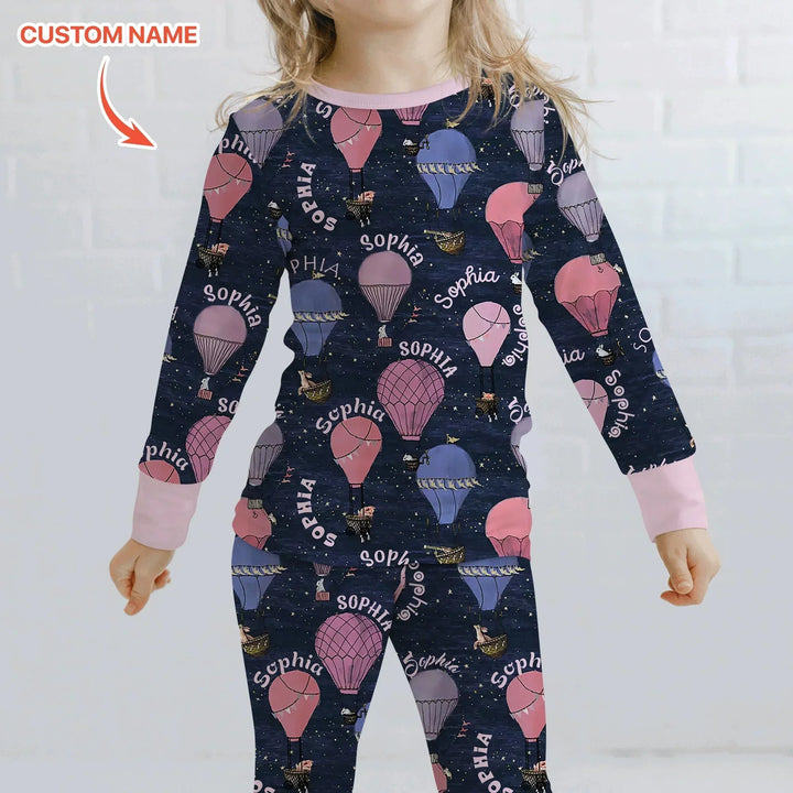 Custom Name Hot Air Balloon Pink Two Piece Long Sleeve Pajama Set , Custom Name Hot Air Balloon Pink Two Piece Long Sleeve Pajama Set - 12-18M