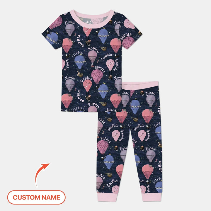Custom Name Hot Air Balloon Pink Two Piece Short Sleeve Pajama Set , Custom Name Hot Air Balloon Pink Two Piece Short Sleeve Pajama Set - 12-18M