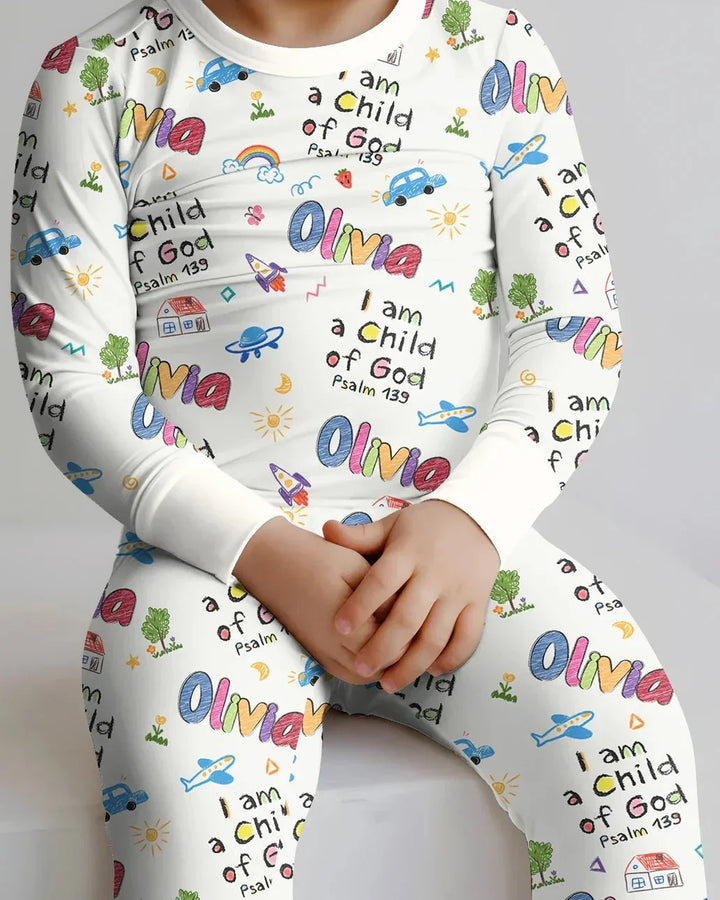 Custom name "I am a Child of God" - Crayon Style Long Sleeve Pajama Set , Custom name "I am a Child of God" - Crayon Style Long Sleeve Pajama Set - 12-18M