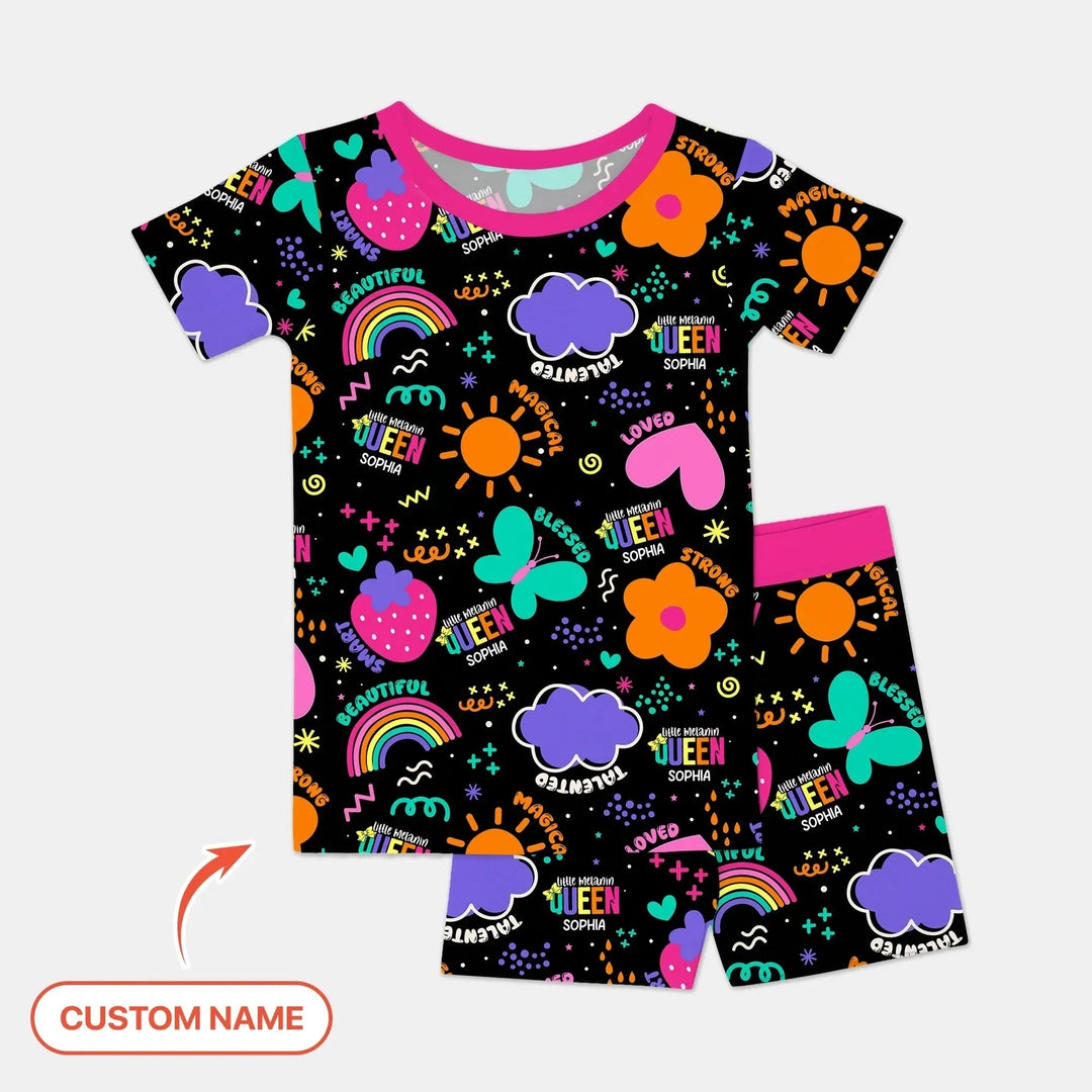 Custom Name Little Melanin Queen Two Piece Short Sleeve Shorts Pajama Set , Custom Name Little Melanin Queen Two Piece Short Sleeve Shorts Pajama Set - 12-18M