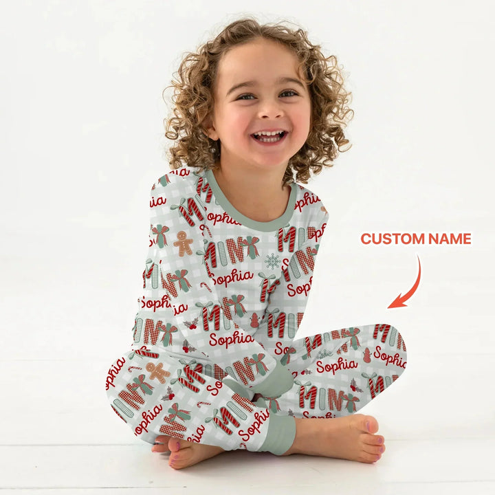 Custom Name Mama Mini Matching Christmas Two Piece Long Sleeve Pajama Set (Green) , Custom Name Mama Mini Matching Christmas Two Piece Long Sleeve Pajama Set (Green) - 12-18M