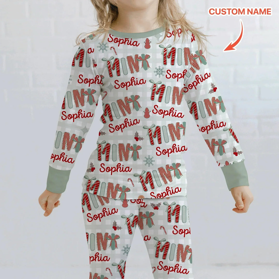 Custom Name Mama Mini Matching Christmas Two Piece Long Sleeve Pajama Set (Green) , Custom Name Mama Mini Matching Christmas Two Piece Long Sleeve Pajama Set (Green) - 12-18M