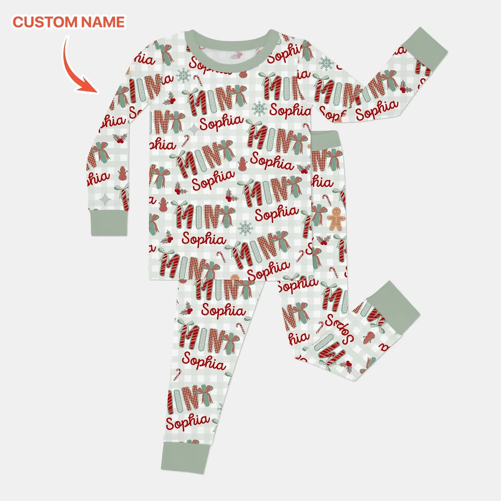 Custom Name Mama Mini Matching Christmas Two Piece Long Sleeve Pajama Set (Green) , Custom Name Mama Mini Matching Christmas Two Piece Long Sleeve Pajama Set (Green) - 12-18M