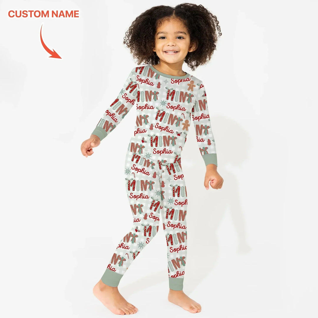 Custom Name Mama Mini Matching Christmas Two Piece Long Sleeve Pajama Set (Green) , Custom Name Mama Mini Matching Christmas Two Piece Long Sleeve Pajama Set (Green) - 12-18M