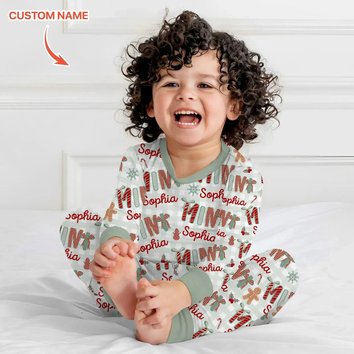 Custom Name Mama Mini Matching Christmas Two Piece Long Sleeve Pajama Set (Green) , Custom Name Mama Mini Matching Christmas Two Piece Long Sleeve Pajama Set (Green) - 12-18M