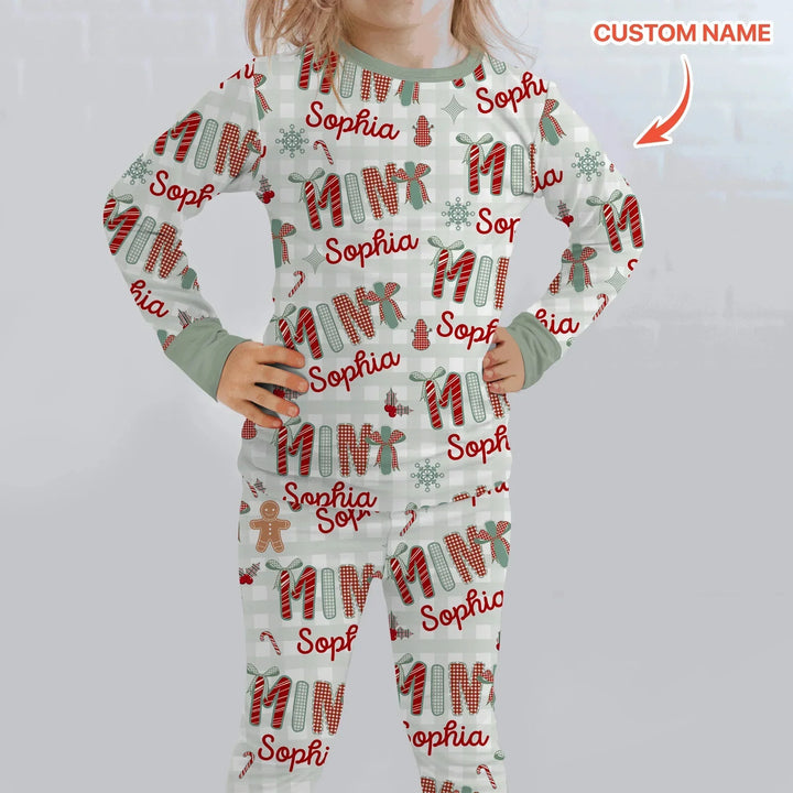Custom Name Mama Mini Matching Christmas Two Piece Long Sleeve Pajama Set (Green) , Custom Name Mama Mini Matching Christmas Two Piece Long Sleeve Pajama Set (Green) - 12-18M