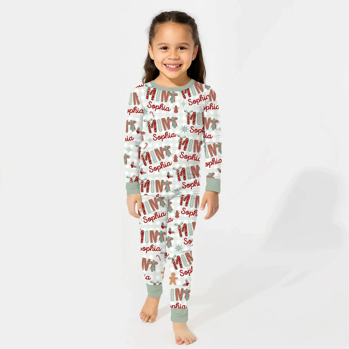 Custom Name Mama Mini Matching Christmas Two Piece Long Sleeve Pajama Set (Green) , Custom Name Mama Mini Matching Christmas Two Piece Long Sleeve Pajama Set (Green) - 12-18M