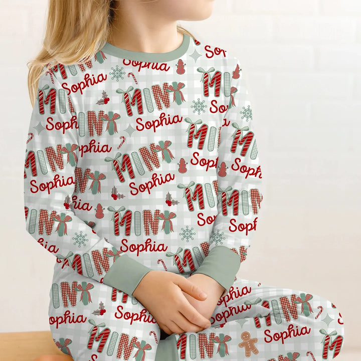 Custom Name Mama Mini Matching Christmas Two Piece Long Sleeve Pajama Set (Green) , Custom Name Mama Mini Matching Christmas Two Piece Long Sleeve Pajama Set (Green) - 12-18M
