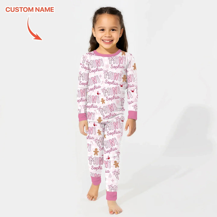 Custom Name Mama Mini Matching Christmas Two Piece Long Sleeve Pajama Set (Pink) , Custom Name Mama Mini Matching Christmas Two Piece Long Sleeve Pajama Set (Pink) - 12-18M