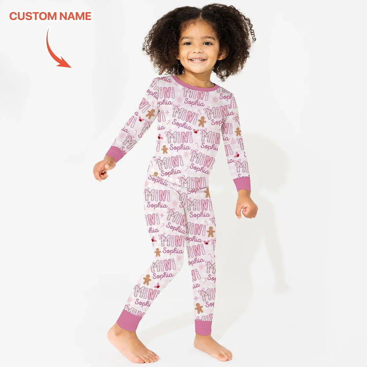 Custom Name Mama Mini Matching Christmas Two Piece Long Sleeve Pajama Set (Pink) , Custom Name Mama Mini Matching Christmas Two Piece Long Sleeve Pajama Set (Pink) - 12-18M