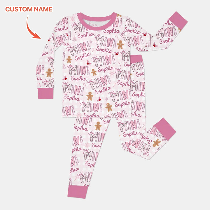 Custom Name Mama Mini Matching Christmas Two Piece Long Sleeve Pajama Set (Pink) , Custom Name Mama Mini Matching Christmas Two Piece Long Sleeve Pajama Set (Pink) - 12-18M