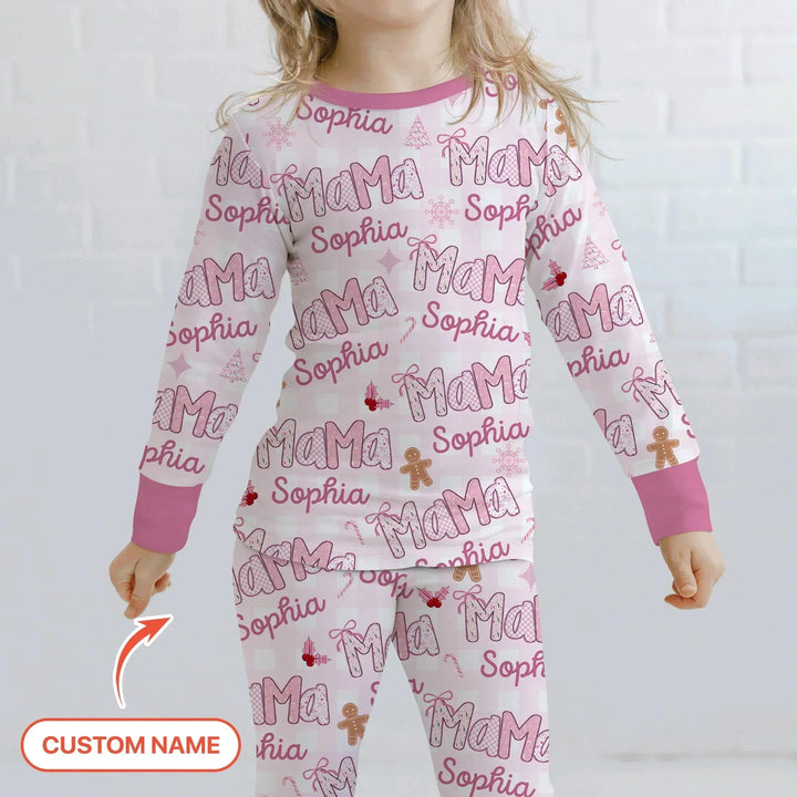 Custom Name Mama Mini Matching Christmas Two Piece Long Sleeve Pajama Set (Pink) , Custom Name Mama Mini Matching Christmas Two Piece Long Sleeve Pajama Set (Pink) - 12-18M