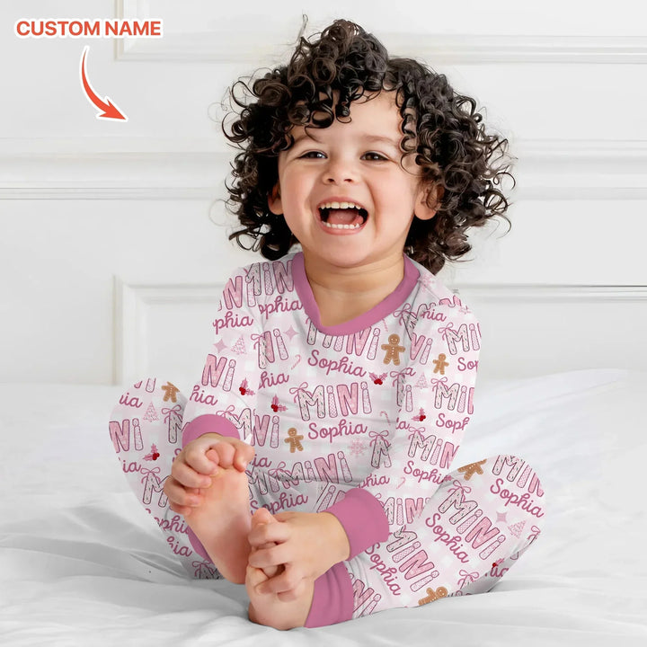 Custom Name Mama Mini Matching Christmas Two Piece Long Sleeve Pajama Set (Pink) , Custom Name Mama Mini Matching Christmas Two Piece Long Sleeve Pajama Set (Pink) - 12-18M