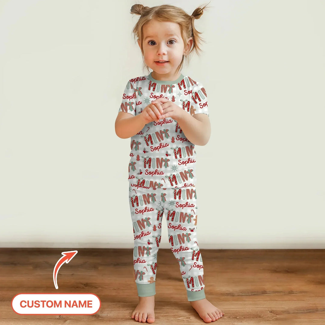 Custom Name Mama Mini Matching Christmas Two Piece Short Sleeve Pajama Set (Green) , Custom Name Mama Mini Matching Christmas Two Piece Short Sleeve Pajama Set (Green) - 12-18M