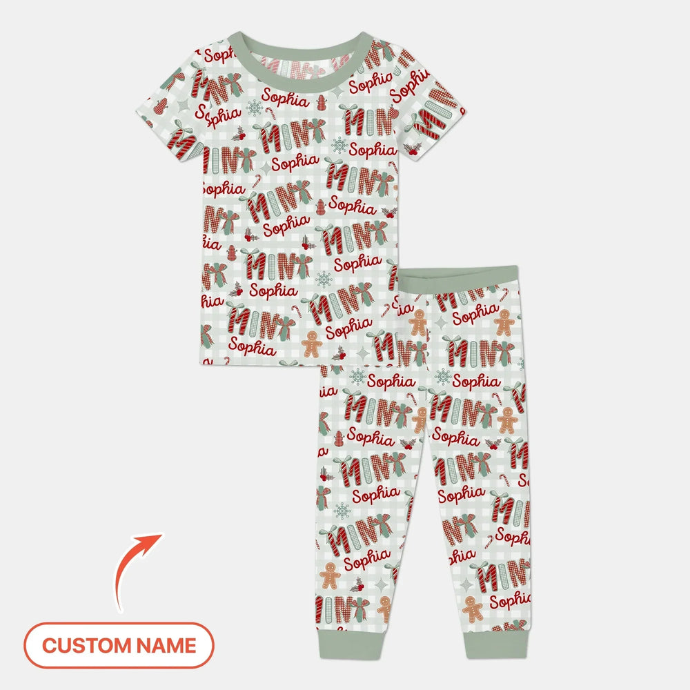 Custom Name Mama Mini Matching Christmas Two Piece Short Sleeve Pajama Set (Green) , Custom Name Mama Mini Matching Christmas Two Piece Short Sleeve Pajama Set (Green) - 12-18M