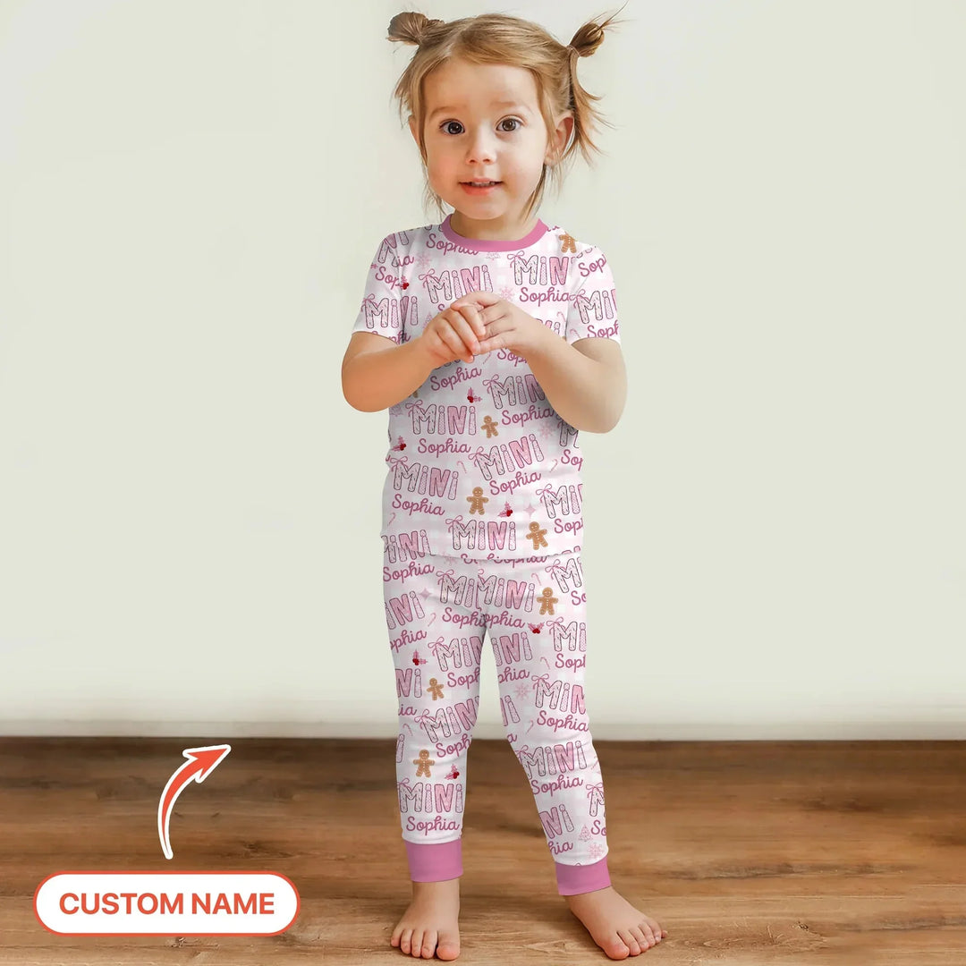 Custom Name Mama Mini Matching Christmas Two Piece Short Sleeve Pajama Set (Pink) , Custom Name Mama Mini Matching Christmas Two Piece Short Sleeve Pajama Set (Pink) - 12-18M