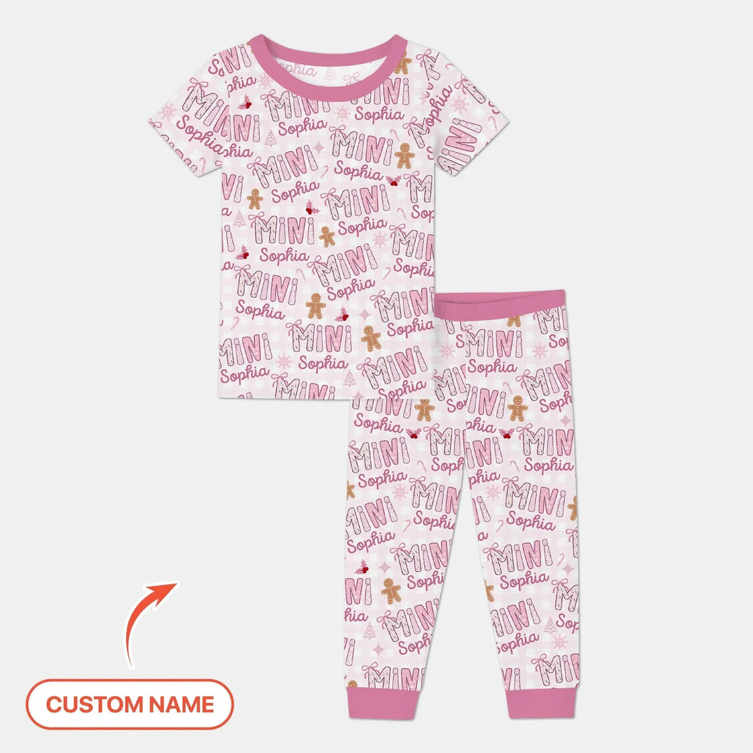 Custom Name Mama Mini Matching Christmas Two Piece Short Sleeve Pajama Set (Pink) , Custom Name Mama Mini Matching Christmas Two Piece Short Sleeve Pajama Set (Pink) - 12-18M