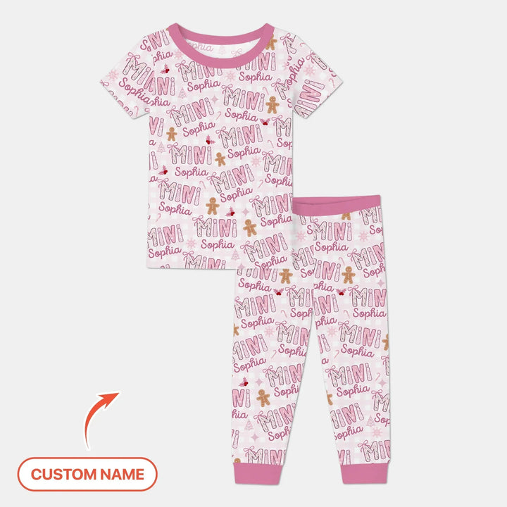 Custom Name Mama Mini Matching Christmas Two Piece Short Sleeve Pajama Set (Pink) , Custom Name Mama Mini Matching Christmas Two Piece Short Sleeve Pajama Set (Pink) - 12-18M