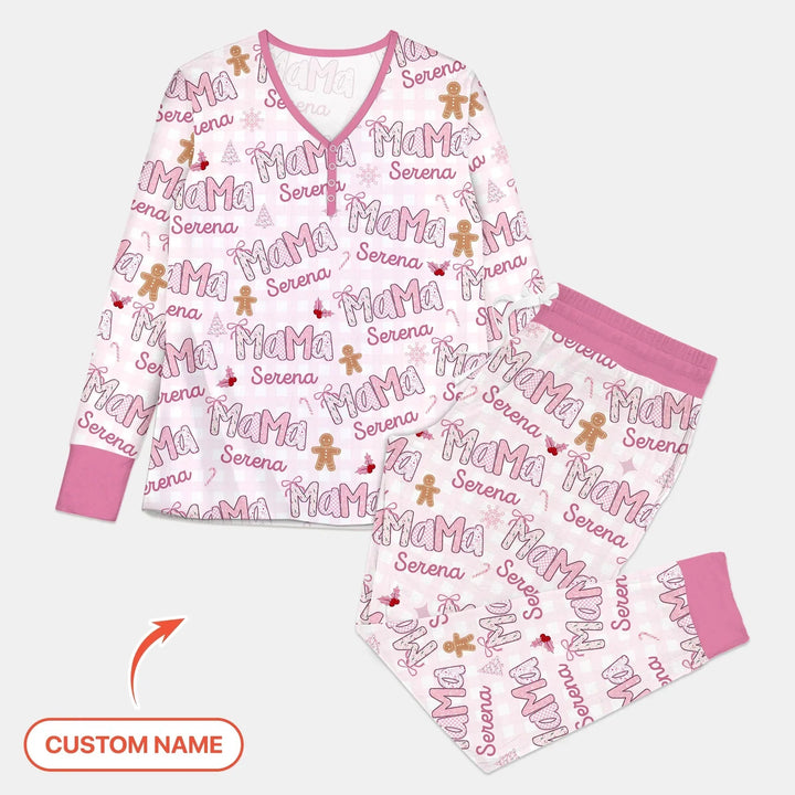 Custom Name Mama Mini Matching Christmas Women Pajama Set (Pink) , Custom Name Mama Mini Matching Christmas Women Pajama Set (Pink) - Only Shirt / S