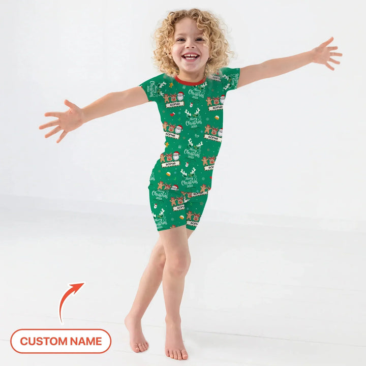 Custom Name "Merry Christmas My Deer" For Girl - Two Piece Short Sleeve Shorts Pajama Set , Custom Name "Merry Christmas My Deer" For Girl - Two Piece Short Sleeve Shorts Pajama Set - 12-18M