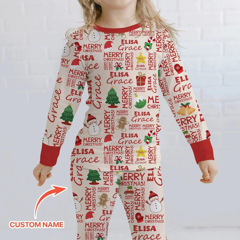 Custom Name Merry Christmas Two Piece Long Sleeve Pajama Set , Custom Name Merry Christmas Two Piece Long Sleeve Pajama Set - 12-18M